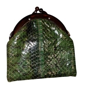 Vintage Green Snakeskin Clutch Tortoises Frame Kiss Lock Evening Bag